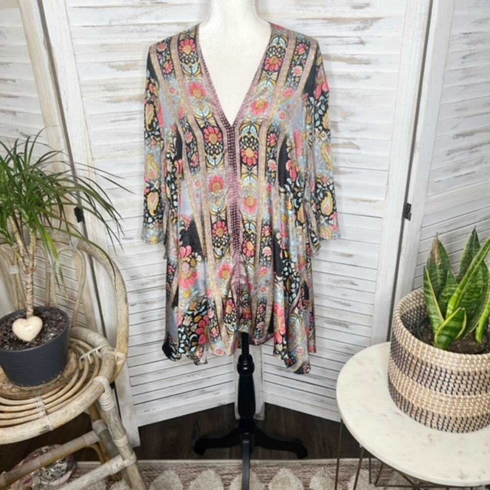 CIENNA Australia Women's XL Floral Boho Kimono Silk Snap Flowy Lightweight Tunic - Picture 3 of 14